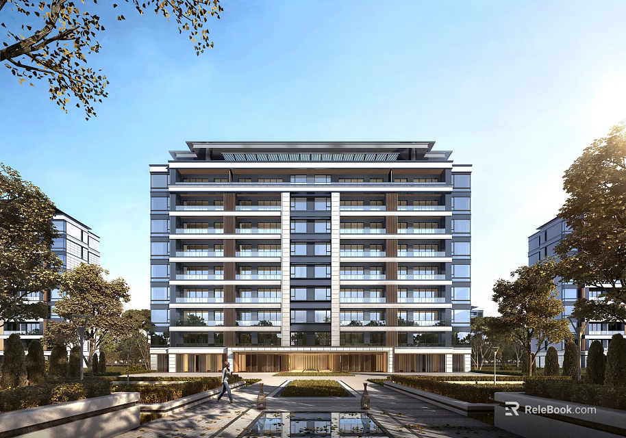 Modern Multistory Residential Building With Glass Curtain Wall Balconies Landscaped Garden And Water Feature 3d model 