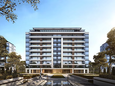 Modern Multistory Residential Building With Glass Curtain Wall Balconies Landscaped Garden And Water Feature 3d model