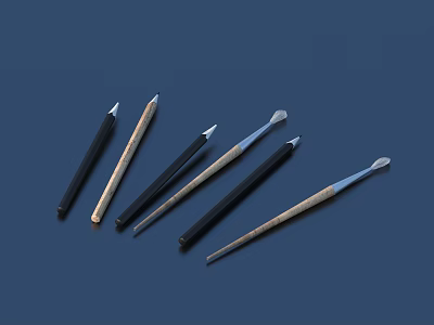 Various Craft Pens with Black Brown Colors and Different Tip Shapes on Dark Blue Background 3d model