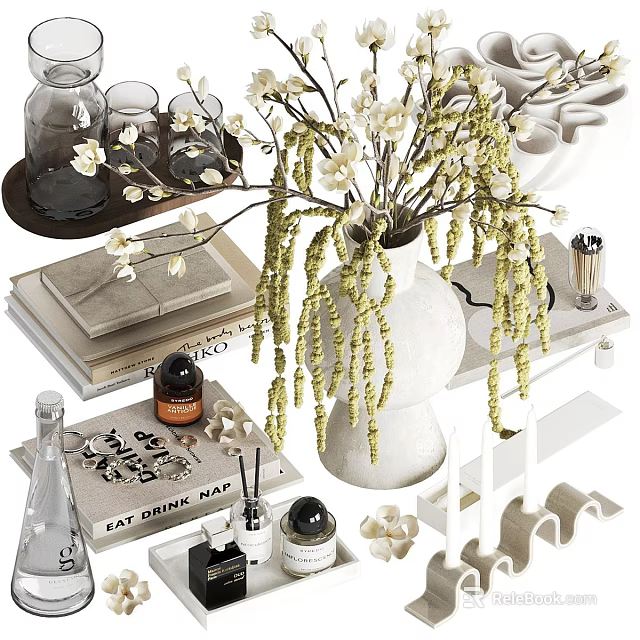 Elegant Decorative Ornament Set With Vase Flowers Books Scented Bottles And Earrings 3d model 