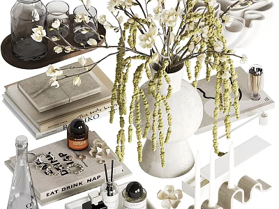 Elegant Decorative Ornament Set With Vase Flowers Books Scented Bottles And Earrings 3d model