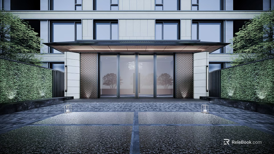Modern Main Entrance Gate With Glass Doors Metal Frame Stone Paved Ground And Landscaped Greenery 3d model 