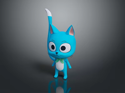 Cute Blue Cartoon Cat With Big Eyes White Tipped Tail And Green Bow Tie 3d model