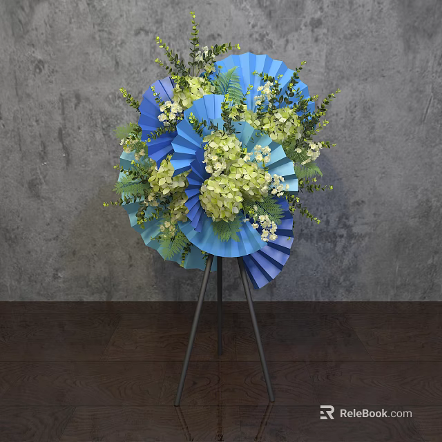 Blue Green Floral Arrangement With Fan Shaped Decor On Tripod Stand Grey Wall Wooden Floor 3d model 