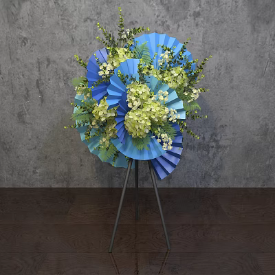 Blue Green Floral Arrangement With Fan Shaped Decor On Tripod Stand Grey Wall Wooden Floor 3d model