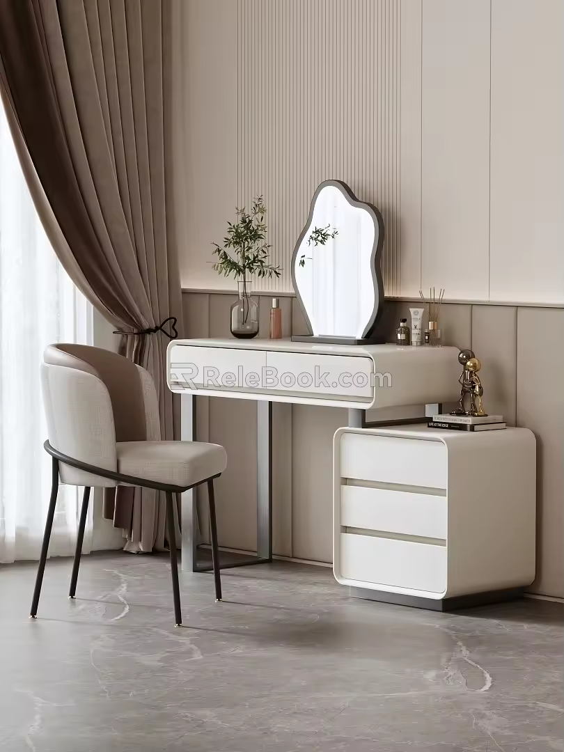 Simple Creamy Retro Dressing Table Makeup Stool 3d model