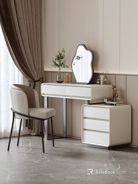 Modern Cream Colored Dressing Table with Unique Mirror Matching Chair and Decorative Accessories 3d model 