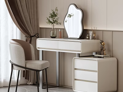 Modern Cream Colored Dressing Table with Unique Mirror Matching Chair and Decorative Accessories 3d model