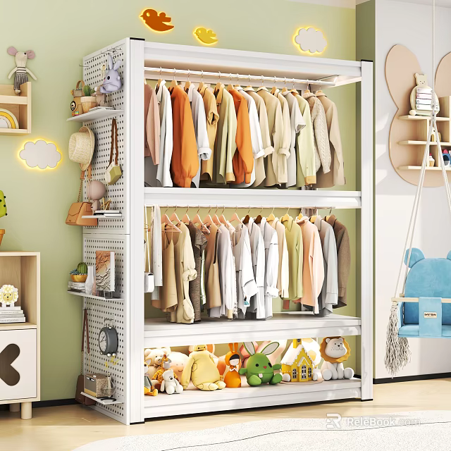 White Multi layer Metal Garment Rack With Kids Clothes And Stuffed Toys 3d model 