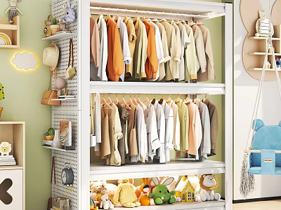 White Multi layer Metal Garment Rack With Kids Clothes And Stuffed Toys 3d model