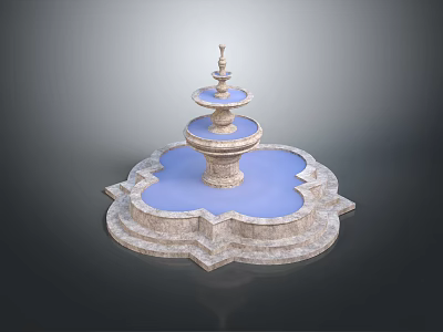 Three Tiered Garden Ornament Fountain With Blue Basin And Stone Base 3d model