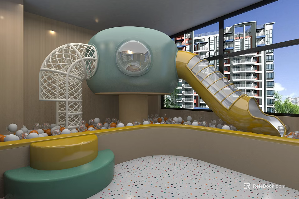 Indoor Playground Equipment with Green Dome Yellow Slide and White Mesh Structure 3d model 