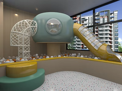 Indoor Playground Equipment with Green Dome Yellow Slide and White Mesh Structure 3d model
