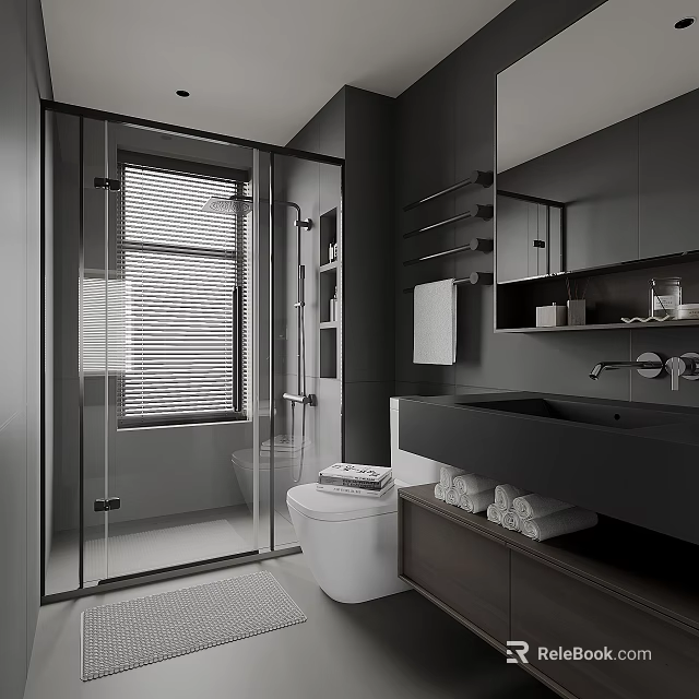 Sleek Modern Monochrome Bathroom With Glass Shower Enclosure And Wall Mounted Dark Vanity Fixtures 3d model 