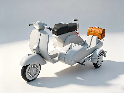 Vintage White Scooter with Sidecar Black Seat and Brown Leather Luggage 3d model