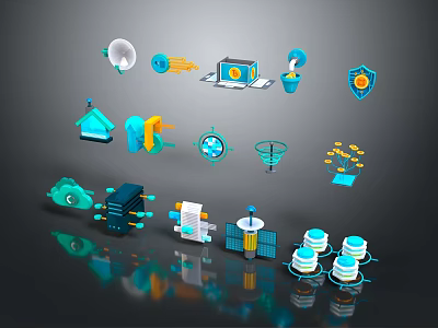 Various Network Technology Icons Including Satellite Server Shield Router And Signal Tower 3d model