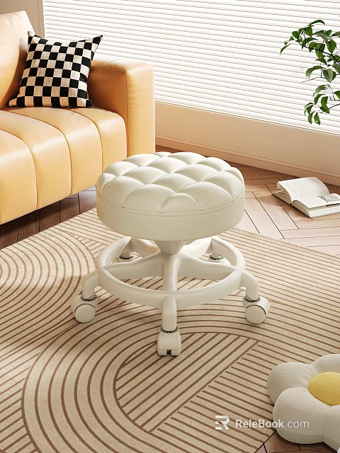 White Round Tufted Stool With Wheels On Striped Rug In Living Room 3d model 