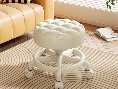 White Round Tufted Stool With Wheels On Striped Rug In Living Room 3d model