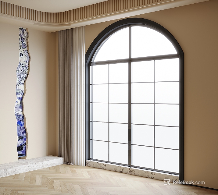 Modern Arched Floor to Ceiling Window with Black Frame Curtains Wooden Floor and Artwork 3d model 