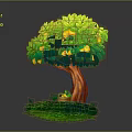 Cartoon Scene of Tree With Yellow Fruits Brown Trunk and Basket on Green Grass