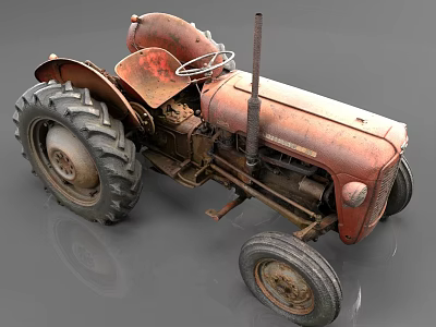 Vintage Red Functional Tractor With Rusty Body Large Tires Seat And Exhaust Pipe 3d model