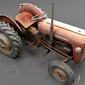 Vintage Red Functional Tractor With Rusty Body Large Tires Seat And Exhaust Pipe