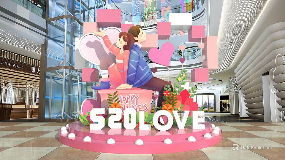 520 Love Themed Mall Decor with Couple Figures Pink Hearts and Flowers 3d model 