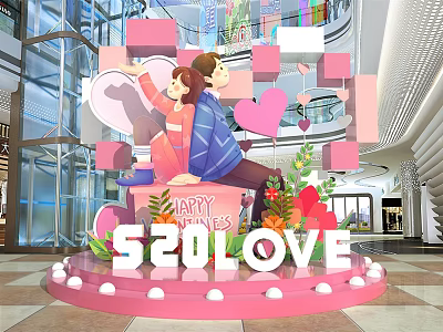 520 Love Themed Mall Decor with Couple Figures Pink Hearts and Flowers 3d model