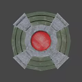 Circular Weapon Device Featuring Green Base Red Sphere And Gray Structural Components 3d model