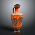 Ancient Carved Vase With Orange Black Body And Decorative Figure Patterns
