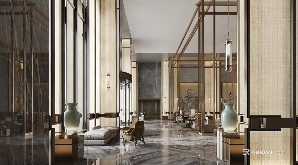 Elegant Hotel Public Lounge With Marble Floor Pendant Lights Decorative Vases And Comfortable Sofas 3d model 