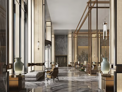 Elegant Hotel Public Lounge With Marble Floor Pendant Lights Decorative Vases And Comfortable Sofas 3d model