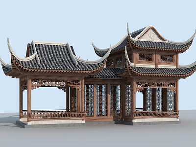 Antique Chinese Wooden Pavilion With Carved Windows And Curved Overhanging Eaves 3d model