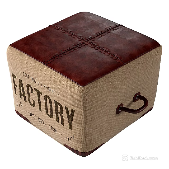 Vintage Leather and Burlap Ottoman with Factory Lettering and Metal Handle Decorative Design 3d model 