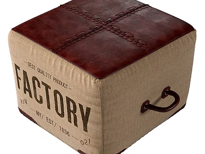 Vintage Leather and Burlap Ottoman with Factory Lettering and Metal Handle Decorative Design 3d model
