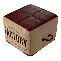 Vintage Leather and Burlap Ottoman with Factory Lettering and Metal Handle Decorative Design