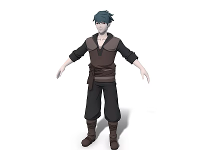 Man With Teal Hair Wearing Brown Vest Black Pants And Brown Boots Standing Pose 3d model