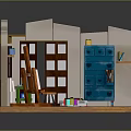 Art Studio Room Setup With Easel Green Table Red Rug And Blue Cabinet