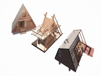 Detached House Wooden Frame Models Showing Different Construction Stages With Triangular Roof 3d model
