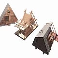 Detached House Wooden Frame Models Showing Different Construction Stages With Triangular Roof 3d model