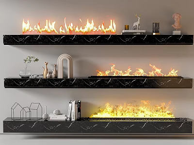 Elegant Multi tiered Black Marble Fireplace Interior With Flames Figurines And Books 3d model