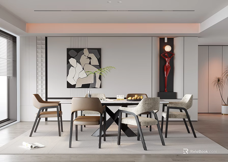 Modern Restaurant Interior Design With Dining Table Chairs Artwork Sculpture Plant And Lighting 3d model 