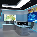 Modern Public Office Space With Circular Conference Table Blue Background Wall News Screen And Lighting