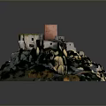 3D Model of Hilltop Castle With Red Tower Stone Walls and Mountainous Terrain