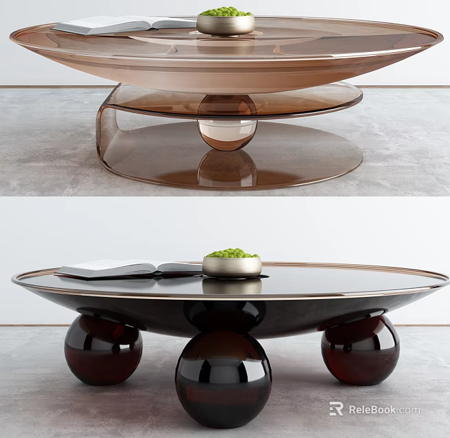 Modern Brown Black Acrylic Coffee Table With Three Spherical Legs Open Book And Plant 3d model 