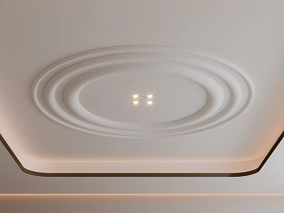 White Ceiling Design With Circular Decorative Multi Layer Lines And Recessed Lights 3d model