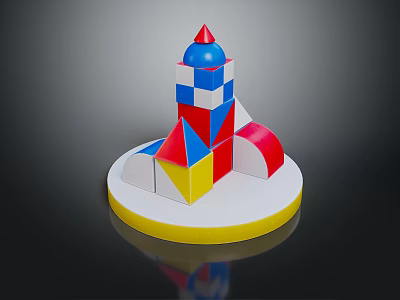 Colorful Geometric Building Blocks Tower On White Circular Base With Yellow Edge 3d model