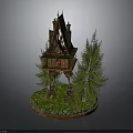 Unique Wooden Building With Steep Roof And Supporting Legs Surrounded By Trees And Grass