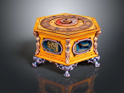 Decorative Octagonal Yellow Box With Intricate Top Design Blue Motif Side Panels And Silver Feet 3d model