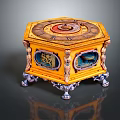 Decorative Octagonal Yellow Box With Intricate Top Design Blue Motif Side Panels And Silver Feet